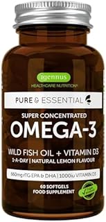 Omega-3 olej z dzikich ryb z witaminą D3 1000 j.m., wysoce skoncentrowane EPA i DHA, naturalny aromat cytrynowy, 60 kapsułek żelowych, 1 dziennie, Igennus