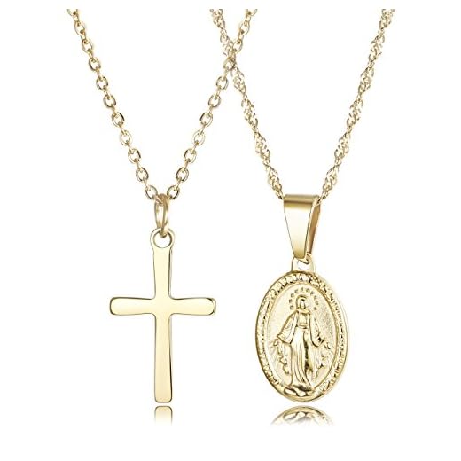 FINREZIO 14K Gold-Plated Catholic Christian Jewelry Cross and Virgin Mary Pendant Necklace for Women Multilayer Necklace Set