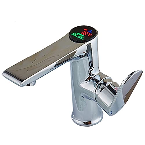 Grifo del fregadero de baño, temperatura de inteligencia LED exhibición digital grifo de baño bañera de latón sólido cromo cromo grifo de agua fría y de agua caliente grifos de alimentación de agua