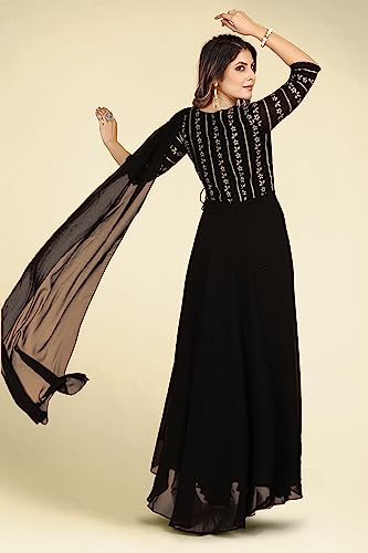 Image of ROYALICA Gown for Women - Georgette Matt Sequence Embroidery Regular Fit A-Line Gown with Attached Dupatta for Women (