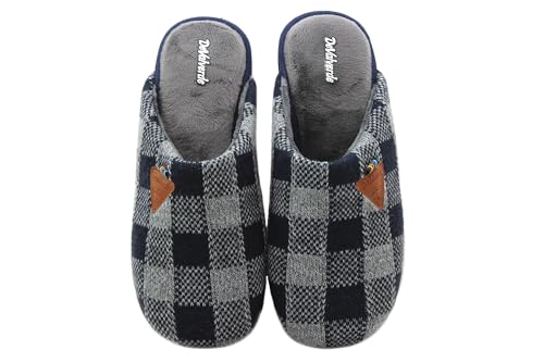 DeValverde - Zapatillas de IR por casa,Destalonada,Dedos Cubiertos,Suela de Goma Antideslizante,Plana,de Cuadros para: Hombre Color: Marino Talla:44