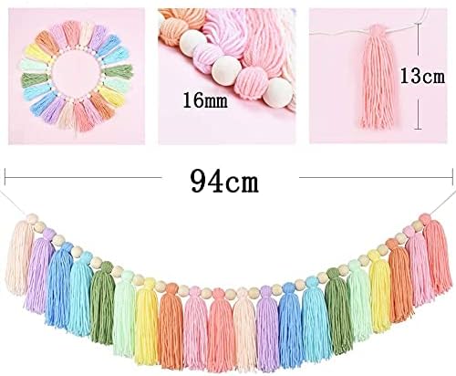 NINGWANG 37Inch Pastel Rainbow Tassel Garland with Wood Bead Colorful Tapestry for Bedroom Wall Classroom Nursery