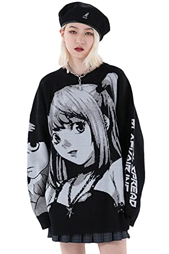 FELLVISHK Anime Girl Figure Sweater Graphic Long Sleeve Oversize Knitwear Sweatshirt Unisex 3D(Black, Medium)