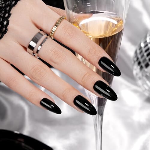 VSALON Almond Medium Press on Nails, Glossy Black Finish Clean Look Reusable False Nails, Salon Quality Gel Fake Nails Kit with Glue & Cuticle Oil - 32 pcs Nails in 16 Sizes