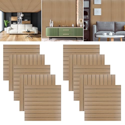 3D autocollants en bois 3D rainurés Lot de 10 panneaux muraux - 40 x 40 cm - Revêtement mural en PVC - Imperméable et résistant à la chaleur - Pour mur, plafond, crédence de cuisine (bois)