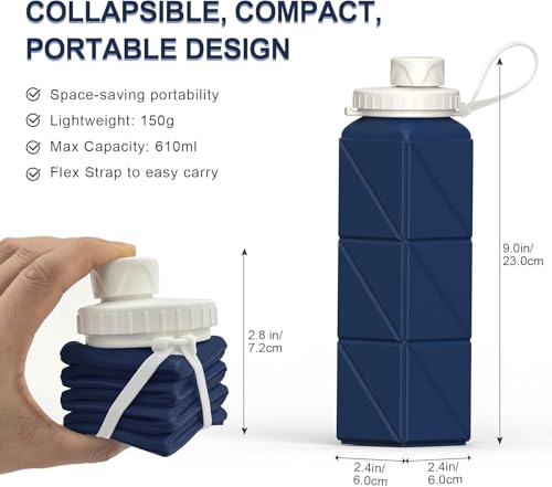 Collapsible Water Bottles 20.6oz 2 Pack, Silicone Foldable Portable Water Bottle, Lightweight Reusable Leakproof for Travel Camping Hiking Cycling Yoga Sports Outdoor (Blue+DarkBlue)3