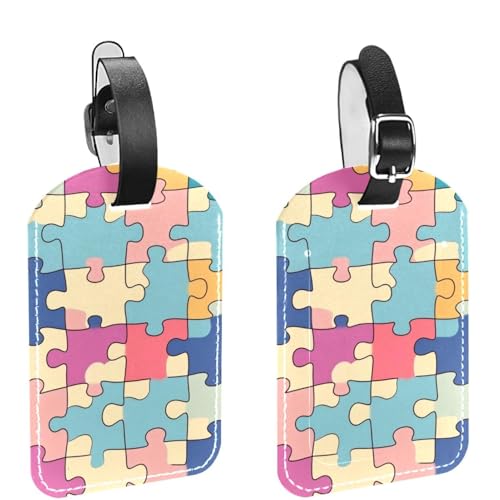 2Pcs Travel Cruise Luggage Tags, Colorful Jigsaw Puzzle Background PU Leather Suitcase Identifiers Privacy Cover Name ID Label for Women Kids Girls Baggage