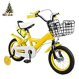 HUOMMGS Kinderfahrrad 12 Zoll Upgraded Jugend Fahrrad für ab 2-4 Jahre Kinder Fahrrad mit Stützrädern und Korb Höhenverstellba Kinderfahrrad für 80-95cm Jungen & Mädchen (Gelb)