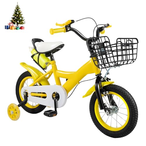 HUOMMGS Kinderfahrrad 12 Zoll Upgraded Jugend Fahrrad für ab 2-4 Jahre Kinder Fahrrad mit Stützrädern und Korb Höhenverstellba Kinderfahrrad für 80-95cm Jungen & Mädchen (Gelb)