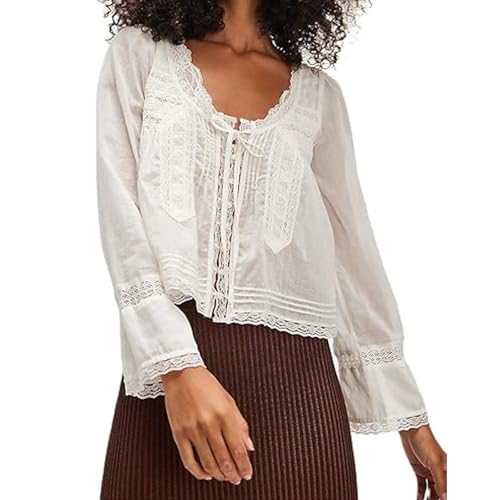 Image of RUIWANBBY Women's Lace Tie Front Top Y2k Coquette Long Sleeve Ruffle Button Down Cardigan Shirt Going Out Flowy Peplum Tops (Ivory, L)
