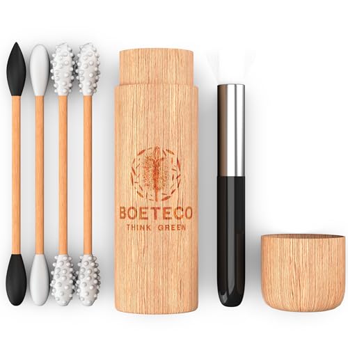 BOETECO Bamboo Reusable qtip Ear Swab and Makeup Swabs Kit. 1 Case with 4 Reusable Silicone Bamboo Swabs for Ears, Baby, Beauty