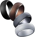 Cabepow Silicone Wedding Ring for Men, 4 Packs & Singles Silicone Rubber Wedding Bands - Step Edge Sleek Design - Metallic, Black and Camo Colors-Size 10