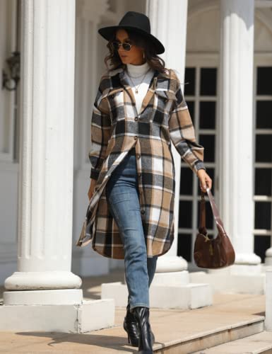 Omoone Women's Thick Woolen Lapel Button Up Long Plaid Shirt Coat Check Maxi Shacket(1799-Brown-L) #TOP3