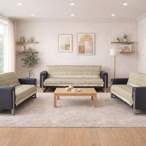 Image of Elegant Woven Green Sofa Cover Soft Chenille Traditional Pattern with Lace Style | L-Shape Sectional Seat Protector for Living Room | Durable & Stylish Slipcover 7 Seater Sofa Cover