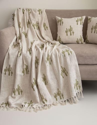 Image of Handmade Cotton Jute Sofa Throw Blanket (50x70 inch) with 2 pcs Cushion Cover (16x16 Inch) Couch & Bed Throws (Pack of 3, Cactus Print)
