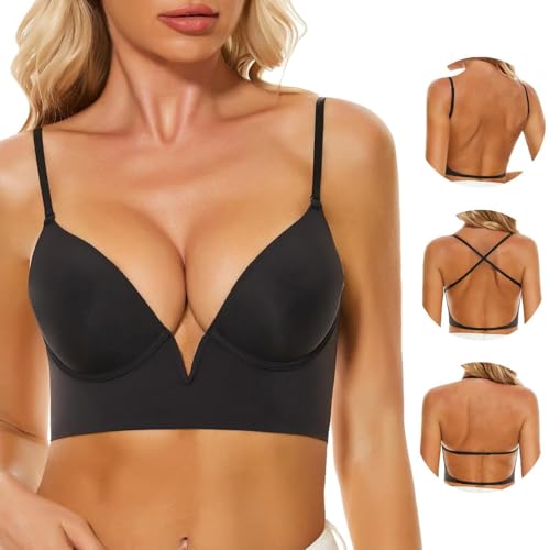 Women Low Back Bras-Invisible Backless Bra-Seamless Secret Plunge No Show Bra Multiway Low Cut Deep-V Halter Bras(Black, 36DD)