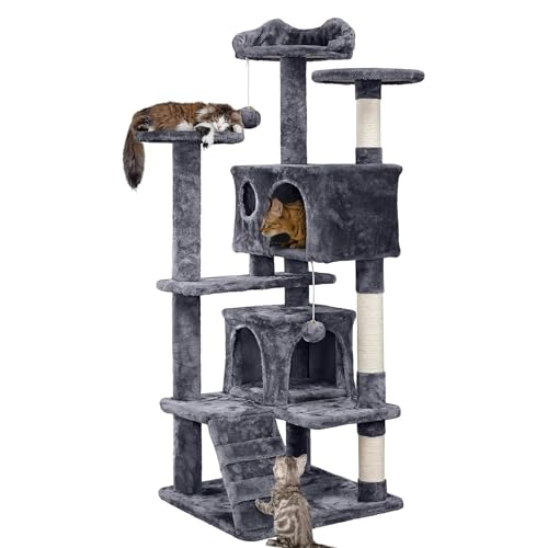 キャットタワー 多頭飼い 登りやすい ハンモック 麻紐 爪研ぎ 遊びのポンポン 階段付き 運動不足解消 多機能 猫タワー 大型見晴らし台 据え置き スリム設計 安定 頑丈 中型猫 子猫 成猫 (ダークグレー,A)