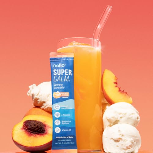 Image of Nello Supercalm Powdered Drink Mix, Cortisol Reducer and Sleep Aid Supplement, L Theanine, Ksm-66 Ashwagandha, Magnesium Glycinate, Vitamin D 3, No Sugar, Non GMO, On The Go, 20 Ct, Peaches and Cream