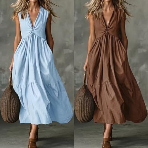 Robe débardeur fluide col en V robe d'été ample en tissu mélangé - 2