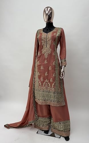 Image of Miss Ethnik Women's Peach Chinon Stitched Top With Stitched Chinon Bottom and Chinon Dupatta Full Sleeve Embroidered Straight Top (ME-1192)