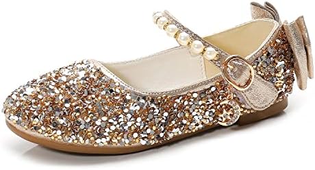 JTENGYAO Little Kids Girls Dress Shoes Glitter Sequins Princess Low Heels Mary Jane Party Dance Shoes Rhinestone Flats Gold
