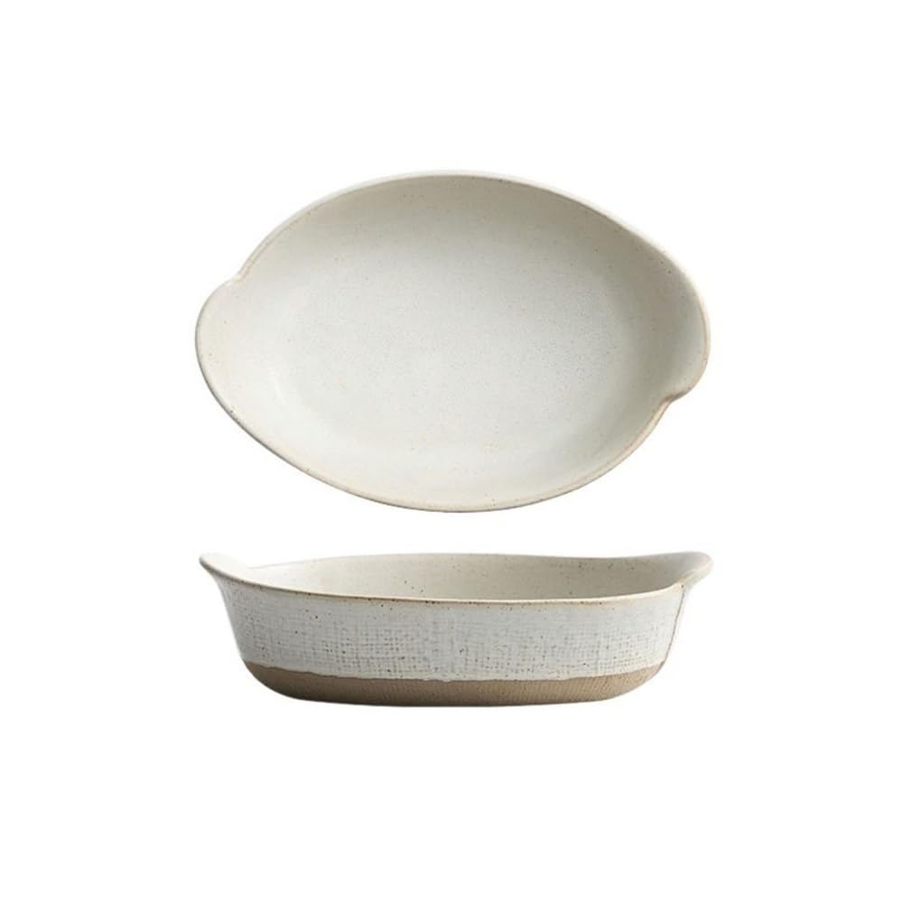 Forma do pieczenia, Ceramiczny talerz do zapiekania ryżu z podwójnym uchem w stylu retro, serem, kreatywna miska sałatek, pogłębianie, szorstka zastawa stołowa(White,27cm)