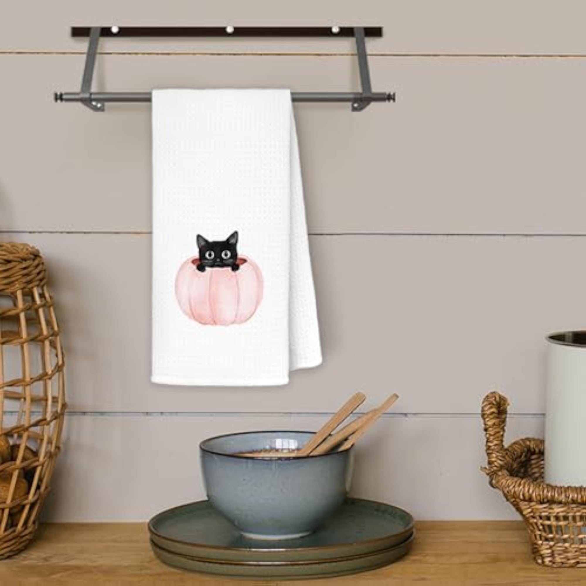 Pink Pumpkin Black Cat Fall Kitchen Towels, Set of 2