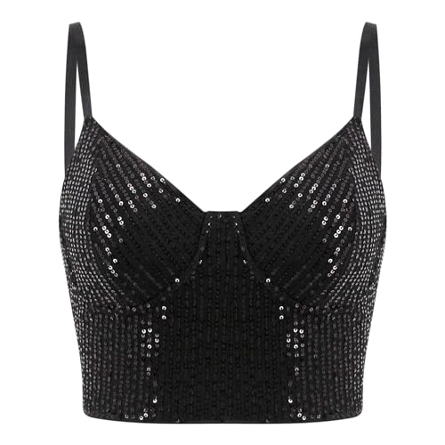 Erinaco Women's Sexy Sequins Crop Top Spaghetti Strap Tank Top Slim Fit Camisole Vest