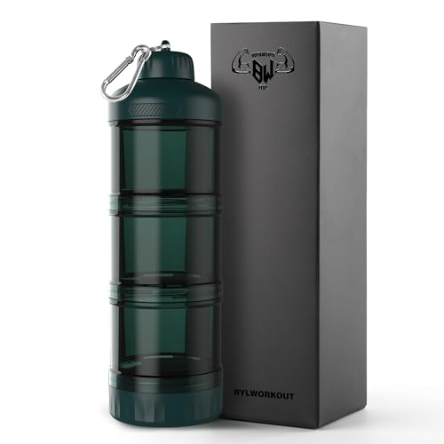 BYLWORKOUT 3-Layer Protein Powder Travel Container with Funnel and Keychain | Portable Food Storage Organizer for Gym Fitness Kitchen Camping Hiking and Travel (Emerald Green)
