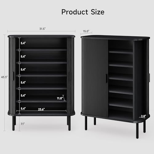 ONBRILL 6-Tier Shoe Cabinet with Sliding Door, Wooden Shoe Storage Cabinet with Adjustable Shelves, Mid-Century Modern Freestanding Shoe Storage Organizer for Entryway, Hallway, Living Room, Black