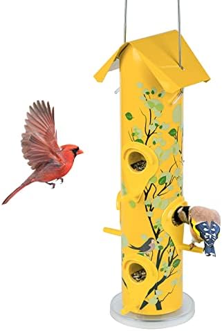 Kingsyard 6-Ports Bird Feeders for Outside, Hanging Metal Tube Bird Feeder, 14 inch, Durable & Weatherproof, Large Capacity for Attracting Wild Birds (Yellow)