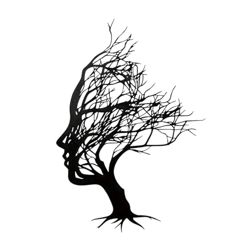 milaosk Abstract Tree of Life Wall Art Black Metal Artwork Lron Tree Branch Head Sculpture 3D Women Face Wall Hanging Decor for Living Room Garden Office Bedroom, 30x21cm