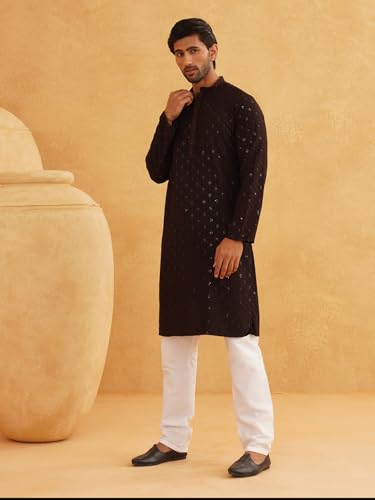 Image of SOJANYA (Since 1958 Men's Cotton Gold Embroidered Sequinned Kurta With white churidar Pyjama