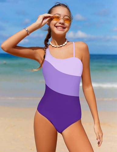 Girl's One Piece Swimsuits Color Block Cutout One Shoulder Bathing Suit with Mesh Cover Up 1 Piece Swimsuit Swimwear2