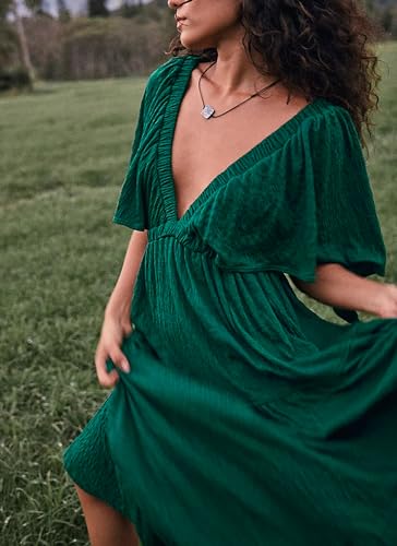 Image of Kikibell Women Summer Dresses Sexy V-Neck Maxi Dress Tiered Silhouette with Flutter Sleeve Backless Elastic Waist Flowy Dress