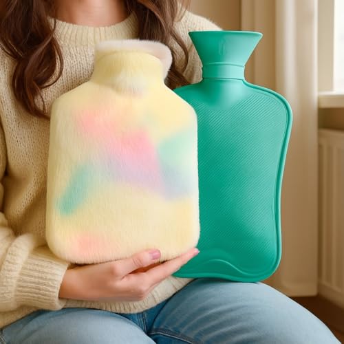 Image of Hot Water Bag with Soft Plush Cover 1000ml, Medical-Grade Silicone Hot & Cold Therapy Hot Water Bottle for Period Cramps, Back Pain, Muscle Aches & Body Relaxation & Comfort (Pastel Ombre)