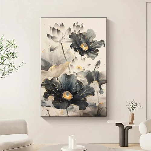 Tableau sur toile fleur de lotus noir et or 30x45cm affiche salon