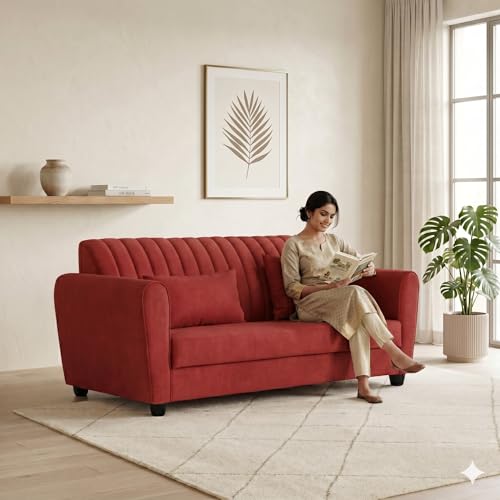 Image of Velvet 2 Seater Sofa, Chesterfield Tufted Sofa with Nailhead Trim, Rolled Arm Sofa with Wood Legs for Living Room & Office | RED