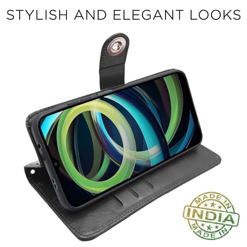 Image of Pikkme Flip Cover Leather Finish | Inside TPU with Card Pockets | Wallet Stand and Shock Proof | Complete Protection Button Flip Case for Redmi A3 (2024) / Redmi A3x / Poco C61(Black)