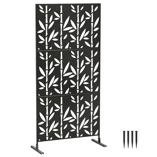 Outsunny Panneau Brise Vue décoratif Extérieur Claustra Décoratif Jardin 3 Panneaux à Motif Bambou paravent extérieur avec Support en métal 92 x 40 x 192 cm, Noir