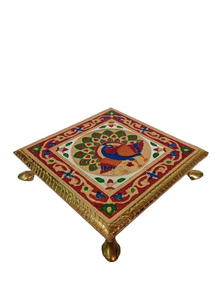 Kailash Enterprises Decorative Bajot/Chowki/Handmade Bajot/Antique Design/Multipurpose Stool/Multipurpose Pooja Mandir Stoo(8 x 8 Inch)