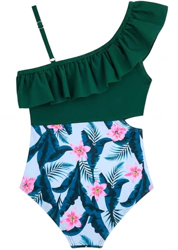 Image of Alakuoti Girls One Piece Swimsuits Cutout Ruffle Bathing Suit Quick Dry Beach Swimwear with Adjustable Strap 5-14 Years