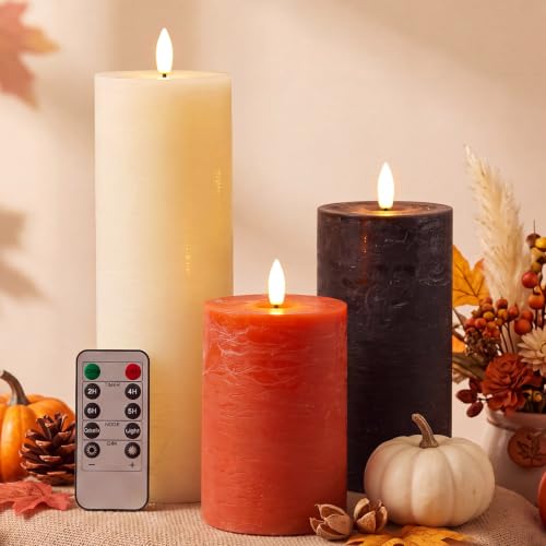 Image of 3 Pcs 6 /8 /12 Inches Fall Flameless LED Candles with Remote and 2 /4 /8h Timer Orange Black White Battery Operated Wax Flickering Candles for Thanksgiving, Halloween, Harvest Party Home Decor