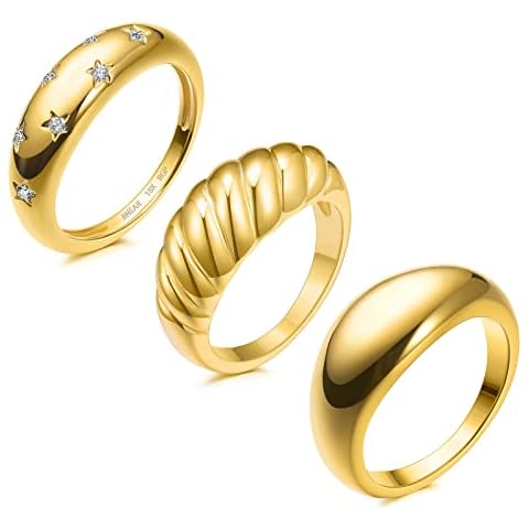 JINEAR 18k Gold Plated Croissant Braided Twisted Signet Chunky Dome Ring Star Stacking Band for Women Statement Wedding Ring Minimalist Jewelry Size 5 to 10 Cover