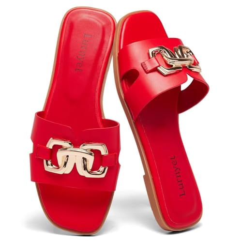 Lurnyet Womens Flat Slide Sandals Dressy Square Open Toe Slip On Sandals for Summer Beach
