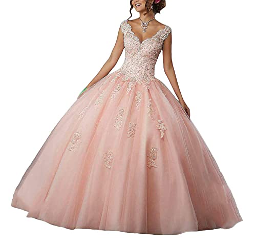 Natasha Girl's V-Neck Beading Lace Quinceanera Dresses Sweet 16 Appliques Prom Ball Gown 0144