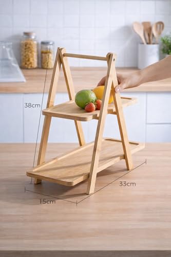 Image of Curated Cart Wooden 2 Tier Serving Tray Stand for Food & Decor - Rectangular Farmhouse Tiered Platters for Cupcakes, Snacks, Charcuterie, Parties & Kitchen Display - Bamboo Look