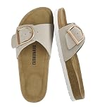 CUSHIONAIRE Leeds 100% Genuine Leather Suede Womens Sandals, Comfortable Slides for Women with Adjustable Statement Buckle, Stone, 7