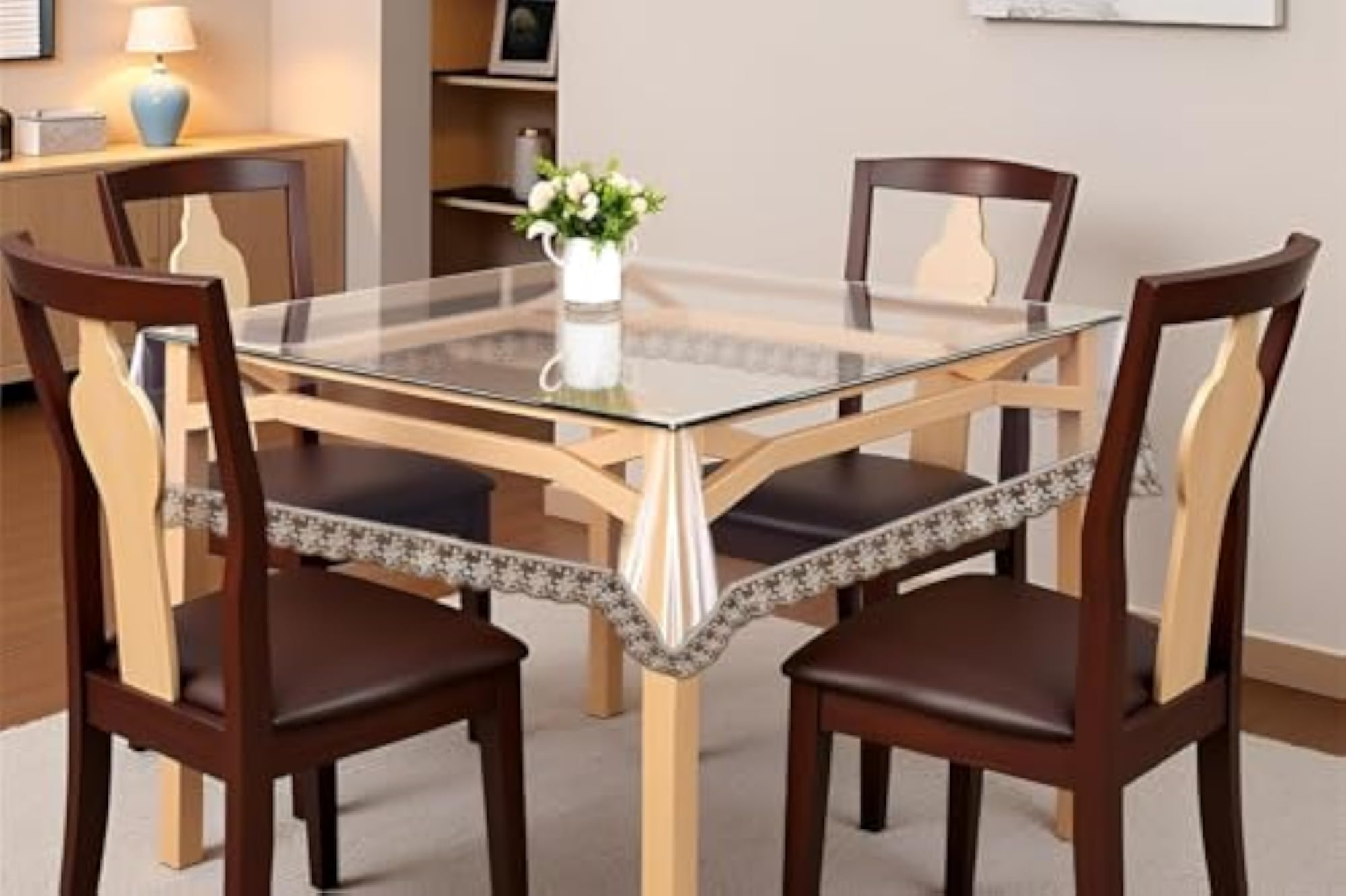 Classic Transparent Plastic Table Cover with Golden Lace