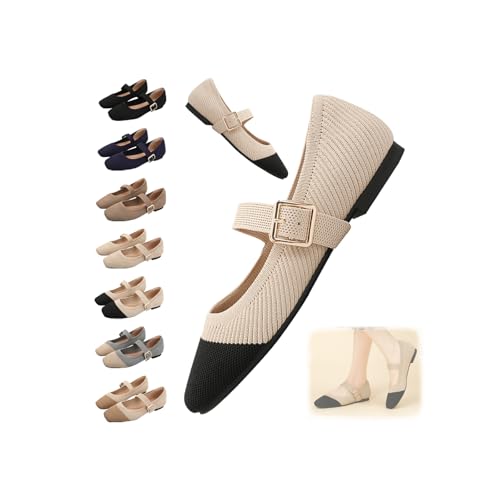Flats for Women Knit Ballet Shoes Mary Jane with Arch Support, Square Toe Comfortable Slip On Flats with Adjustable Strap, Washable Casual Office Shoes